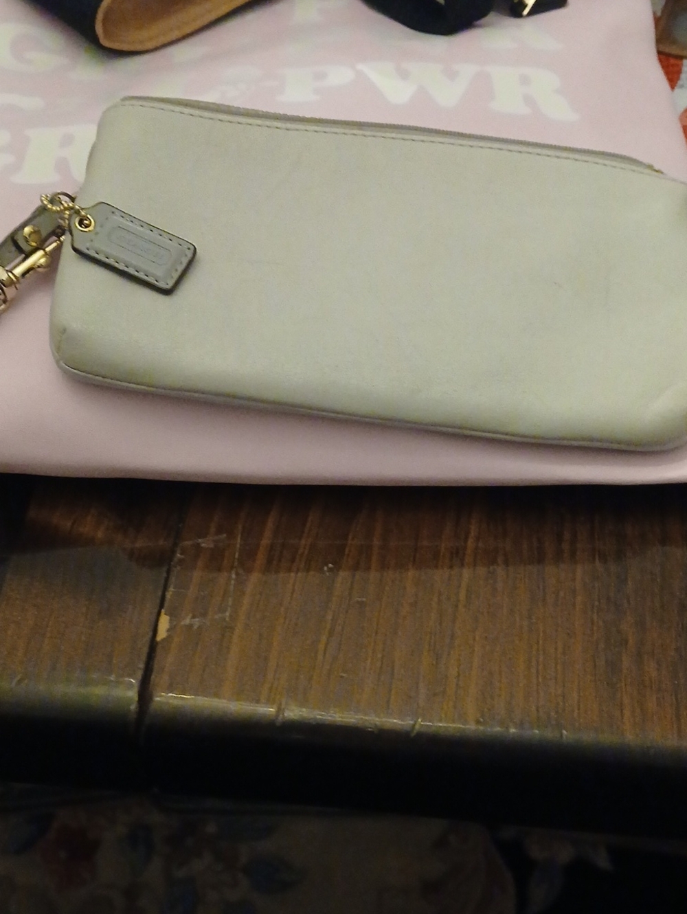 Coach Neutral Leather Wristlet Pouch - Light Gray Double Zip
